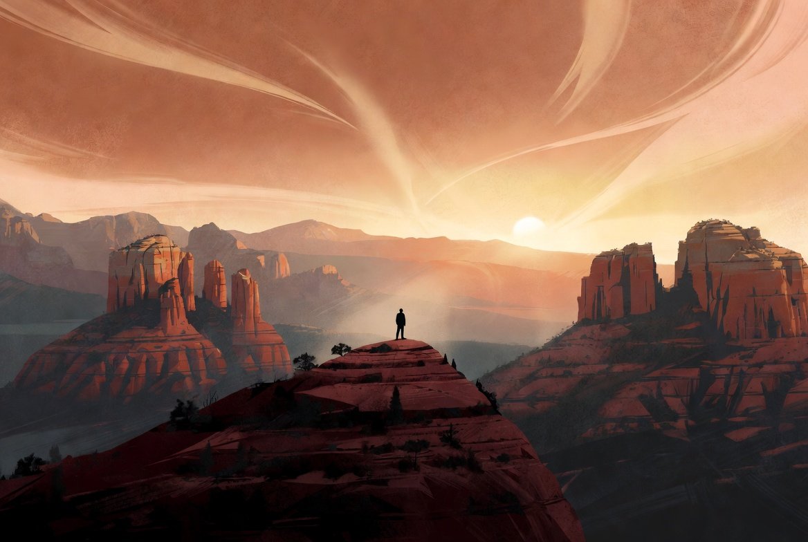 A lone figure stands on a red rock overlook at Cathedral Rock in Sedona, Arizona at sunset, with swirling light patterns in the sky suggesting vortex energy